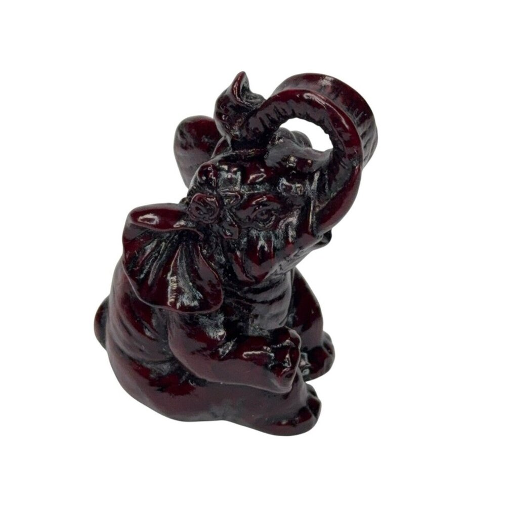 Mini Elephant Figurine Trunk Up Sitting Dark Red Burgundy 2.25" Resin Good Luck